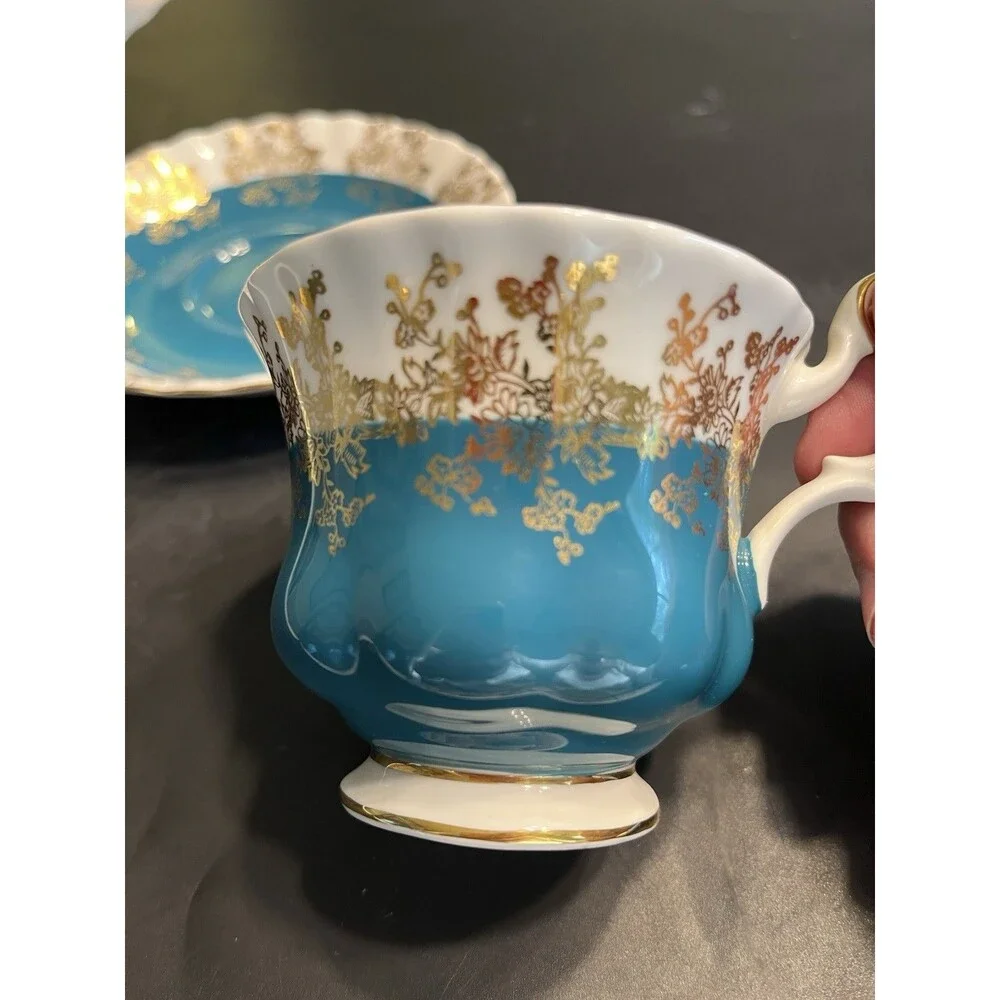 Royal Albert Regal Series Teal Blue w Gold Accents Tea Cup & Saucer Set England